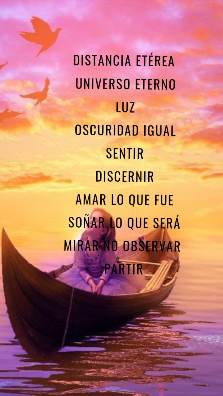 Distancia etérea 
Universo eterno
Luz
Oscuridad igual
Sentir
Discernir
Amar lo que fue
Soñar lo que será
Mirar no observar 
Partir