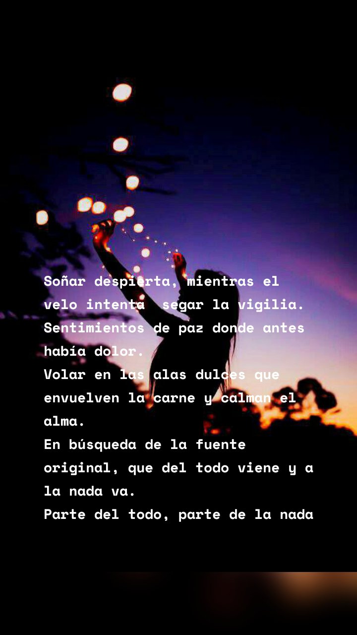 Soñar despierta, mientras el velo intenta  segar la vigilia. 
Sentimientos de paz donde antes había dolor. 
Volar en las alas dulces que envuelven la carne y calman el alma. 
En búsqueda de la fuente original, que del todo viene y a la nada va. 
Parte del todo, parte de la nada 